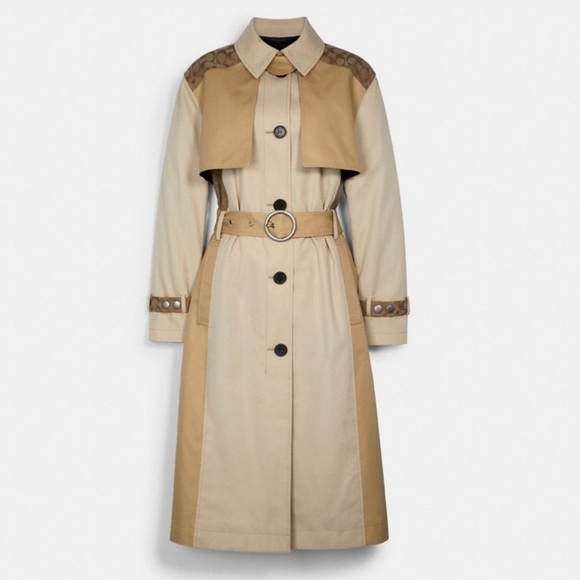 Coach Jackets & Blazers - 🆕COACH TONAL SIGNATURE PRINT CLASSIC TRENCH COAT WITH LEATHER DETAILS 43”